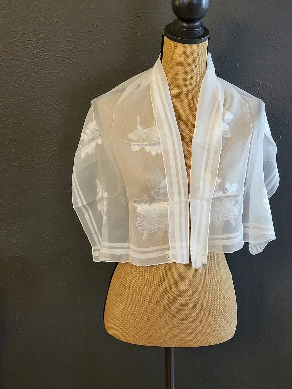 Jacquard 60s Rayon White Sheer Floral Scarf Hand Rolled Hems Japan